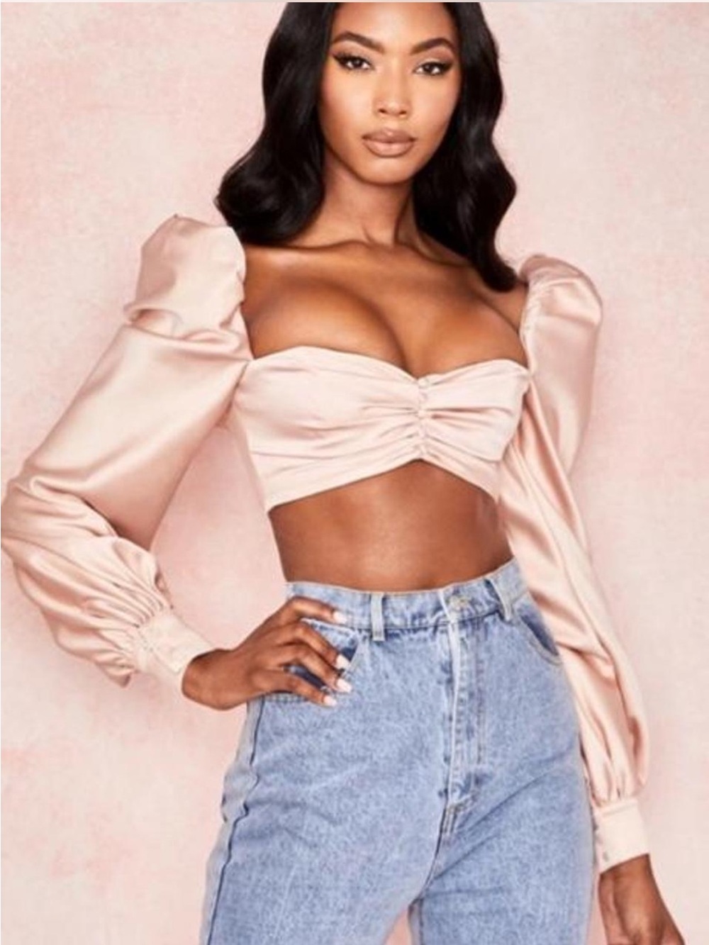 House Of CB Satin Puff-Sleeve Ruched Crop Top - Blush EUC